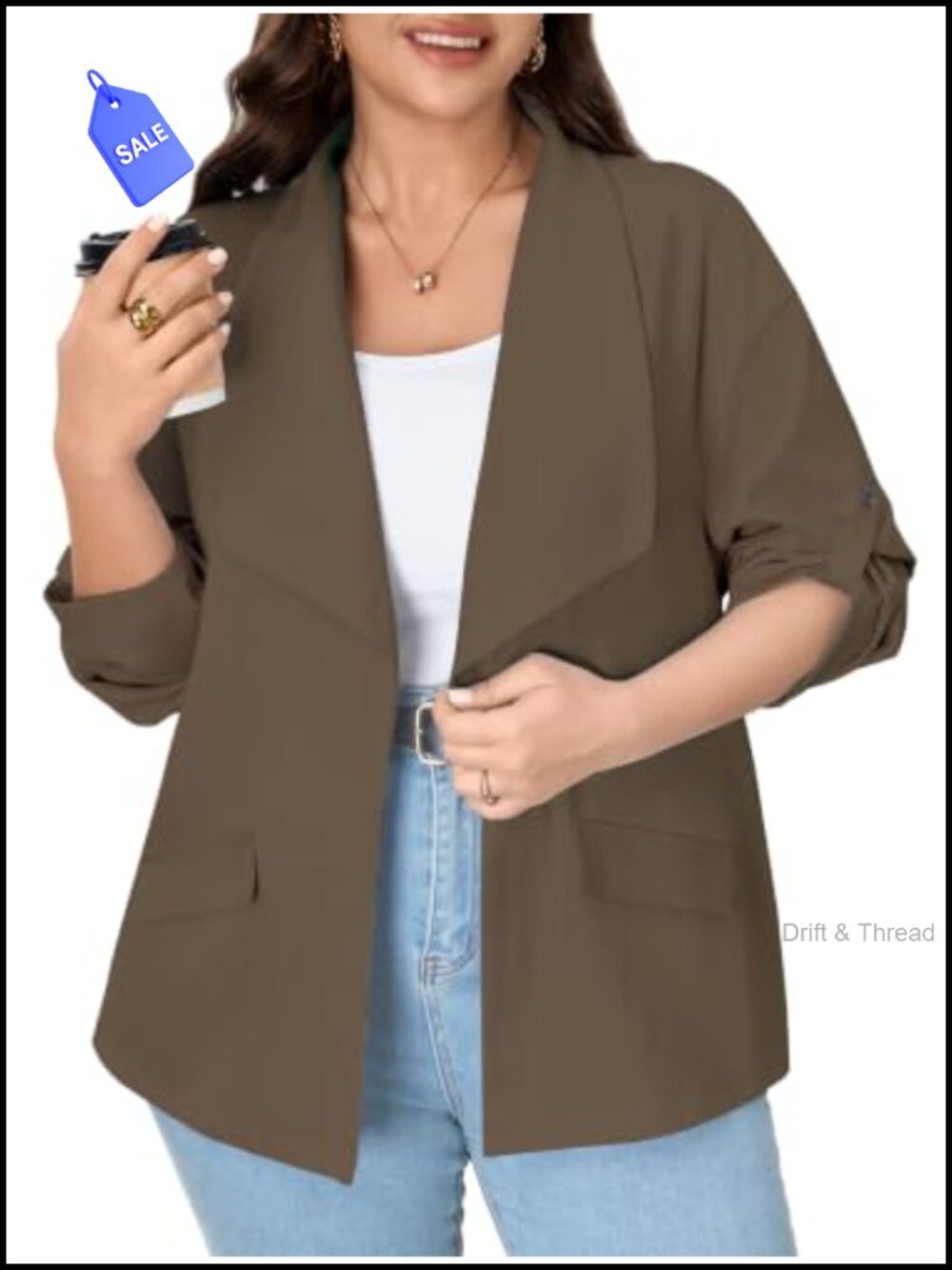 Plus Size Business Casual Blazer Roll Tab Sleeves Open Front Office Top